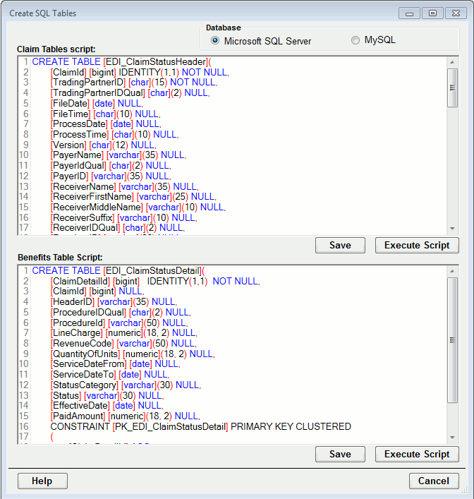 Creating the tables with the provided scripts