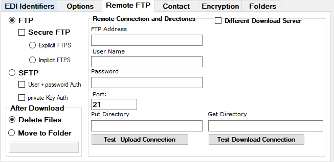 Setting up FTP options for a trading partner