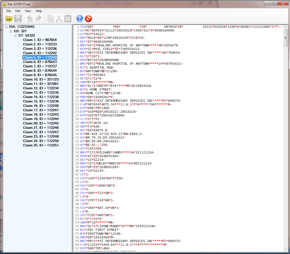 Viewing the same file with the HIPAA EDI Editor.