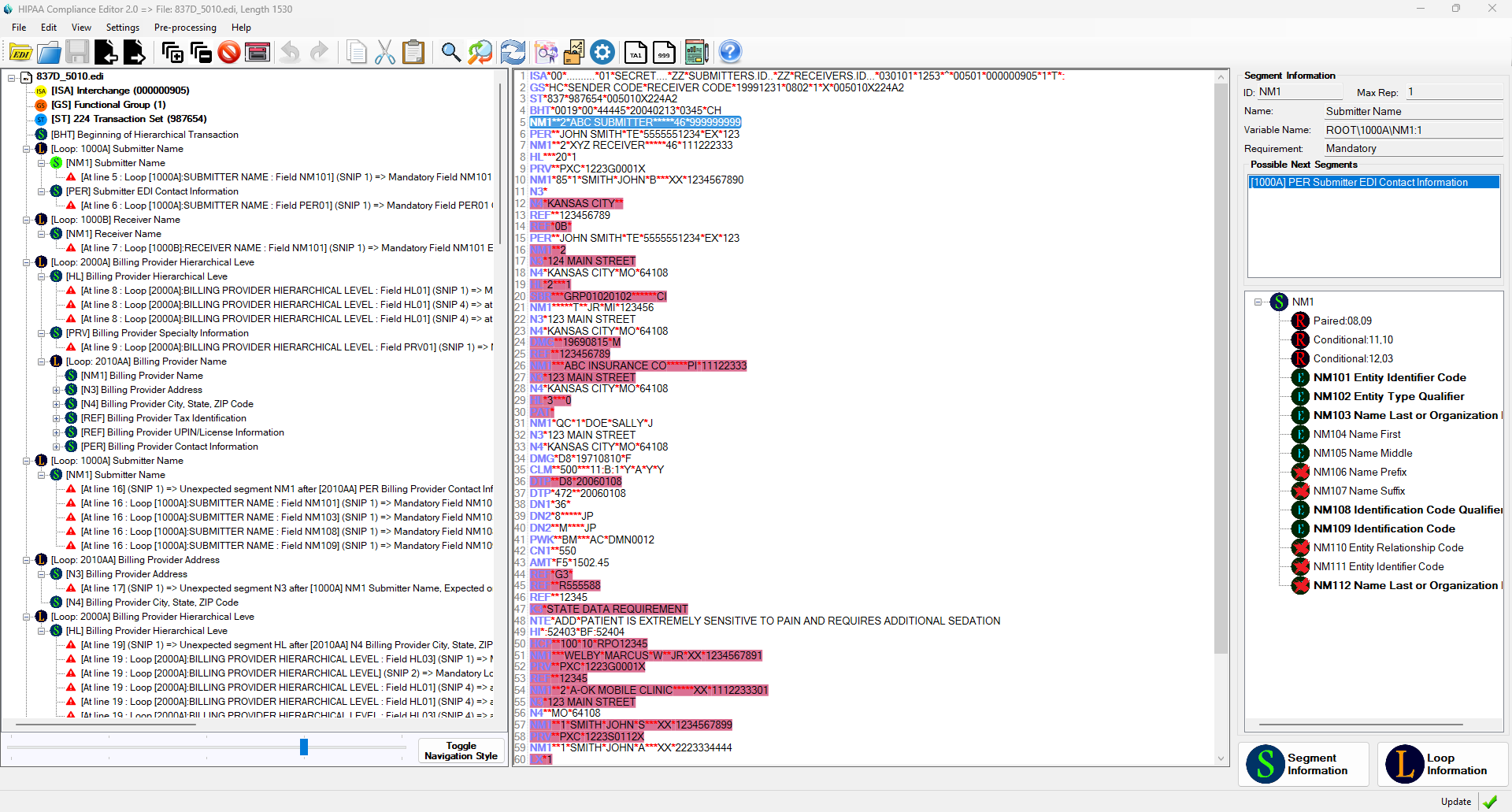 HIPAA Compliance Editor displaying a non-compliant EDI file.