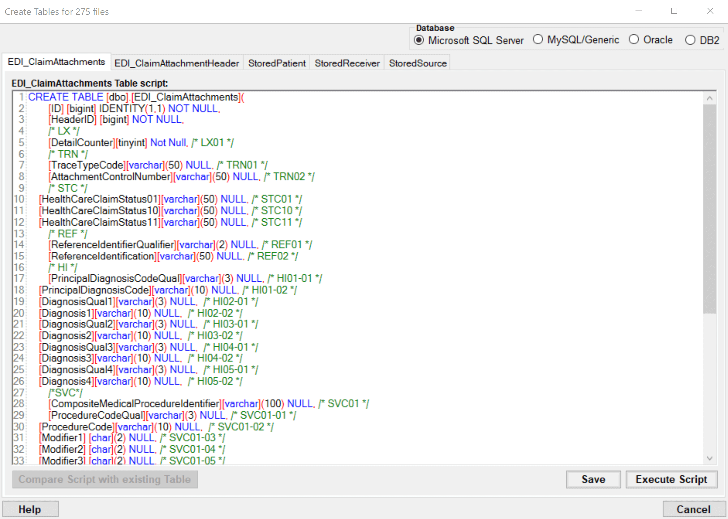 Screen to create tables for the database schema.