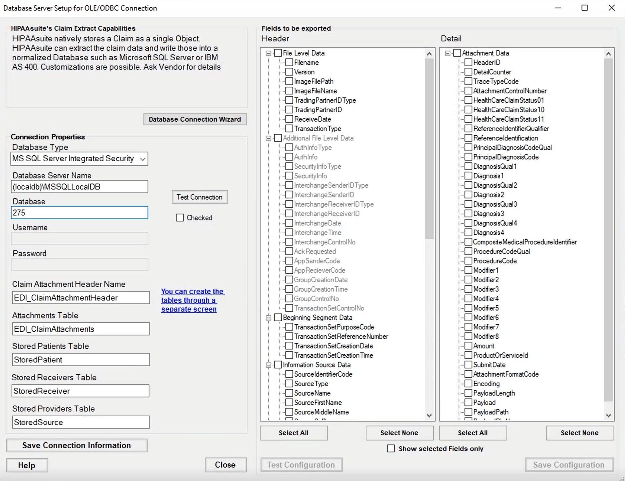 Main screen to configure database connection.