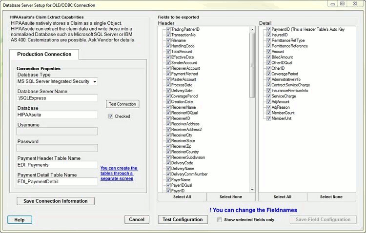 Connection and field setup for data export